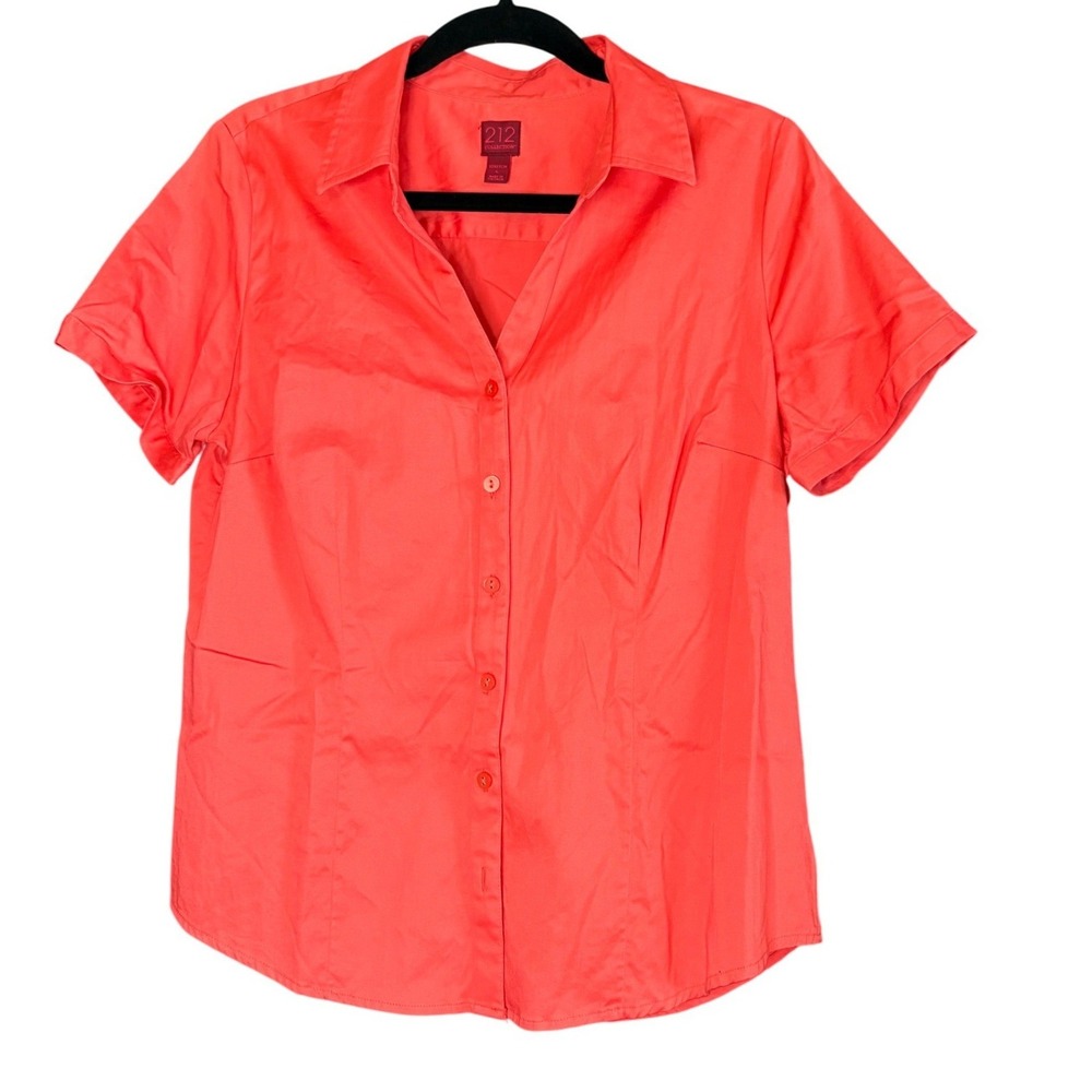 212 Collection Womens Short Sleeve Button Down Shirt Coral Pink Stretch Large